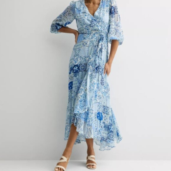 Maison Tara Dresses & Skirts - Maison Tara Blue Patchwork Floral Midi Dress Size 12 Cottagecore Wrap Boho